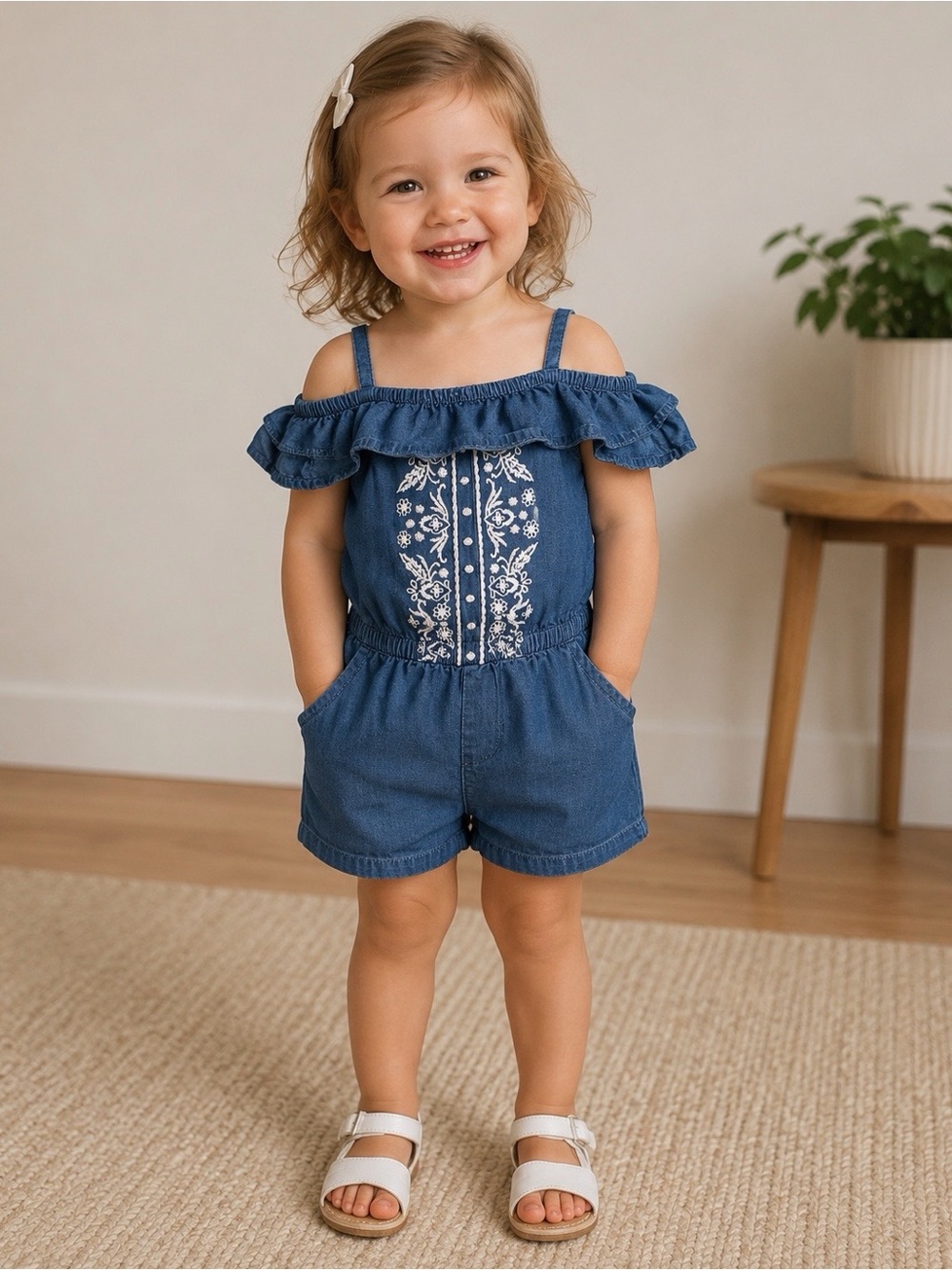 Old Navy Girls Blue Denim Floral Off Shoulder Ruffle Romper Pockets 4T